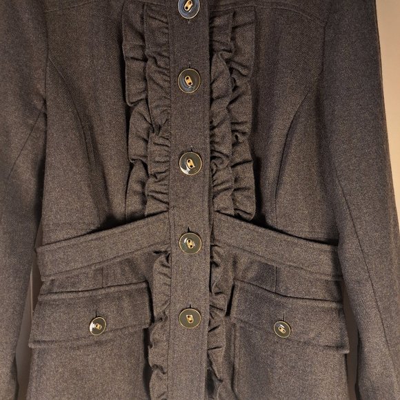 Tabitha Anthropologie Women's Olive Green Ruffle Military Wool Blend Coat Sz 10 - Picture 9 of 10